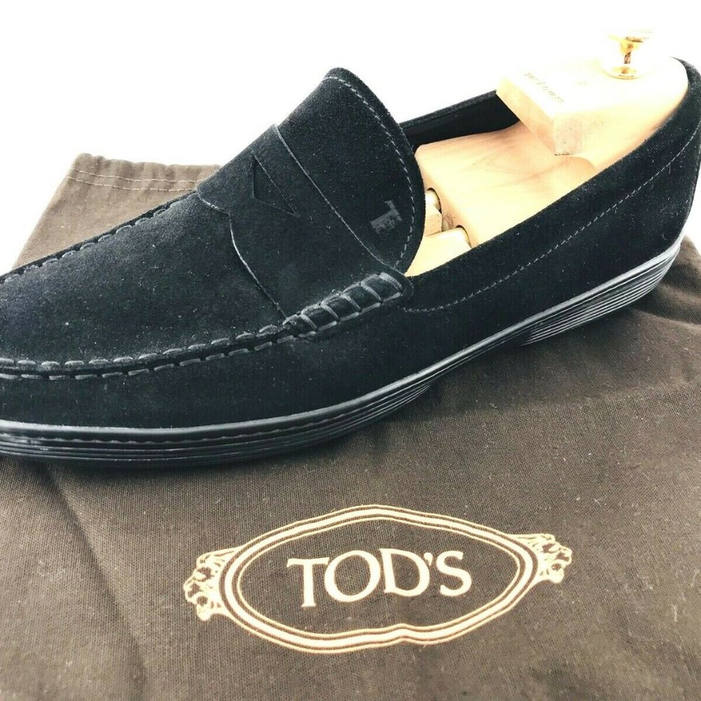 TODS Suede Penny Loafers Mens 8.5 Black Slip On